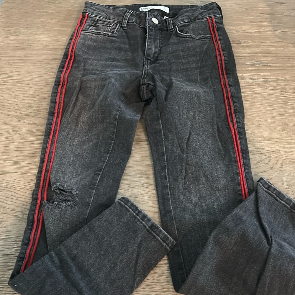 Zara black jeans ripped with red trim